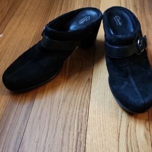 Clarks Black Leather Mules with Buckle